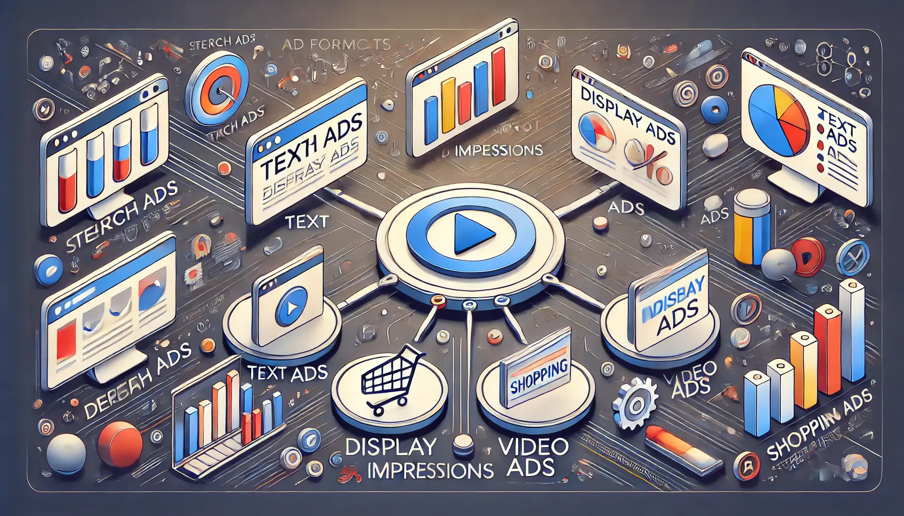 Visualization of different ad formats such as text ads, display ads, video ads, and shopping ads showing their impact on impressions.