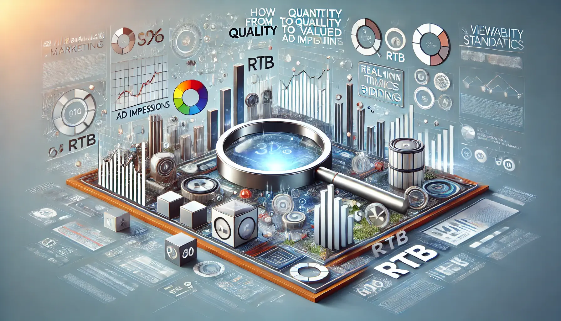 Visualization showing the shift in ad impressions in digital advertising, featuring elements like viewability standards, engagement metrics, and real-time bidding.