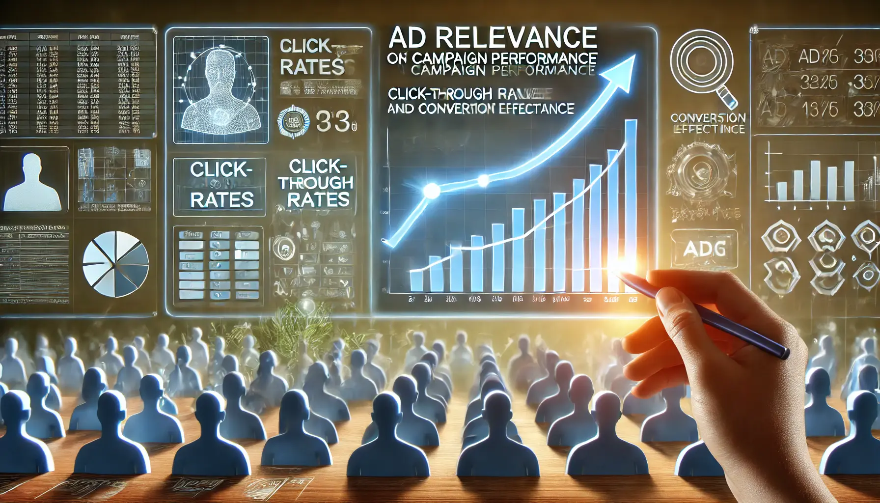 Dashboard showing campaign performance metrics with upward trend arrows, symbolizing improved ad relevance and outcomes