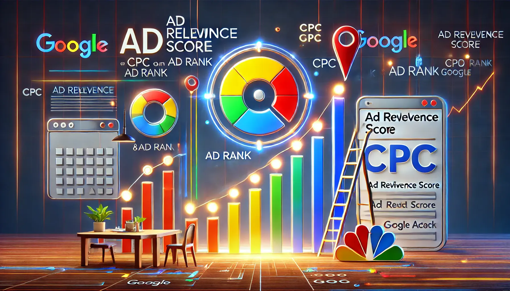 Image illustrating the impact of ad relevance score on CPC and ad rank with a ranking ladder, cost-per-click symbols, and relevance indicators.