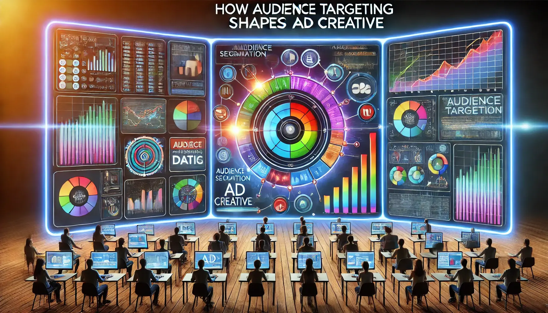 A marketing dashboard showing audience segmentation data on one side, and ad creatives being customized in real-time based on audience insights, symbolizing how targeting shapes ad design.