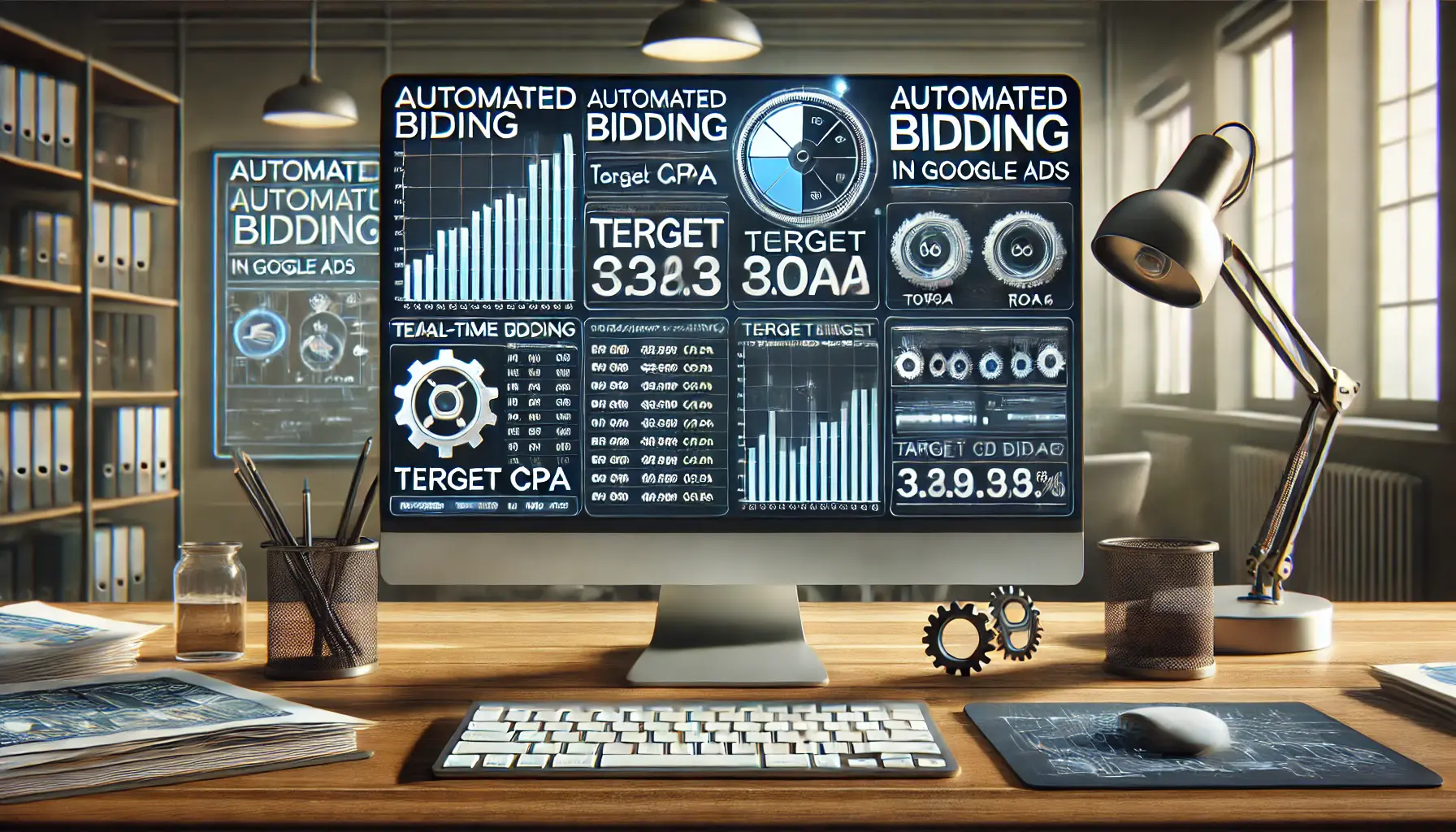 A digital marketing workspace showing the process of automated bidding in Google Ads with real-time bid adjustments and performance data such as target CPA and ROAS.