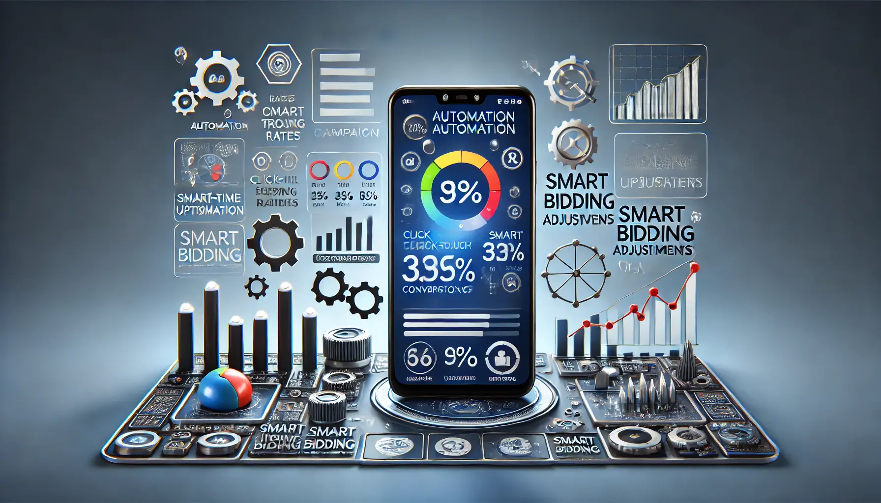 A smartphone displaying a mobile ad campaign dashboard with automated performance metrics like click-through rates and smart bidding adjustments, surrounded by symbols of automation such as gears and real-time updates