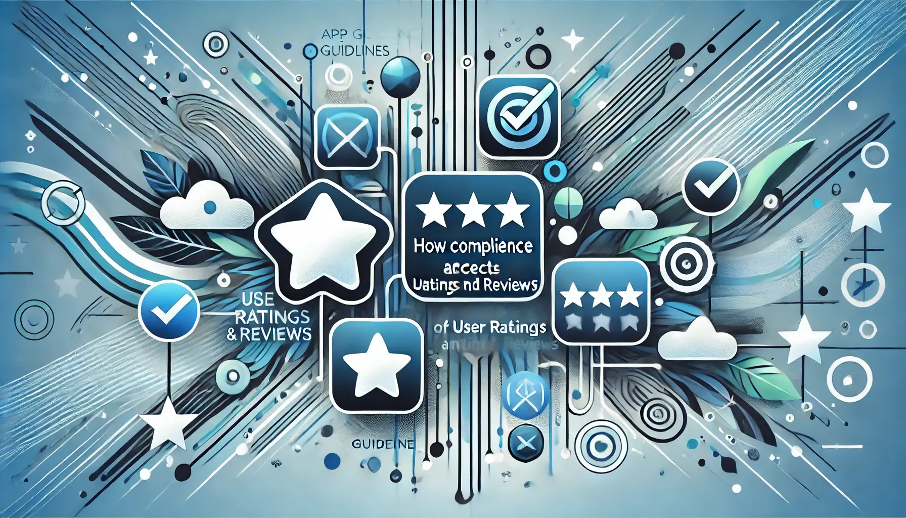 Abstract representation of how compliance affects user ratings and reviews, featuring symbols of user feedback and adherence to guidelines.