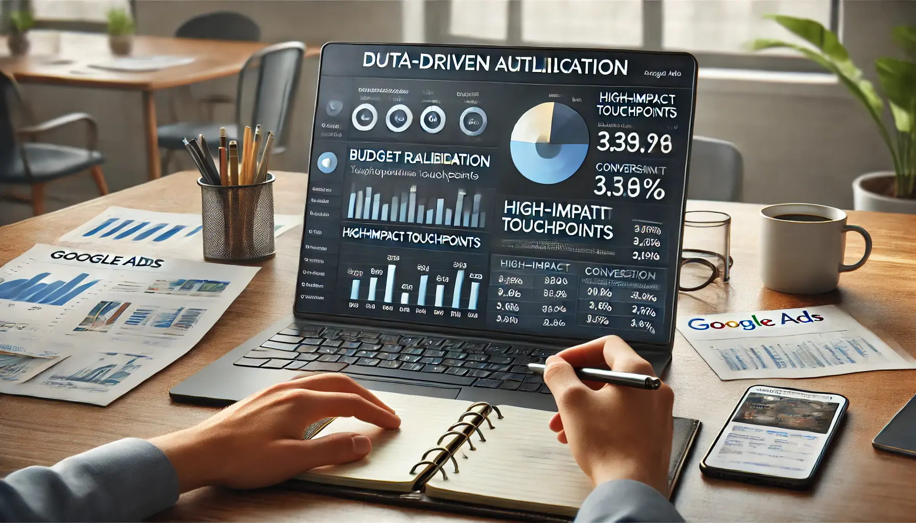 Digital marketer adjusting budget allocation based on data-driven attribution insights on a Google Ads dashboard with metrics for high-impact touchpoints and conversion data.