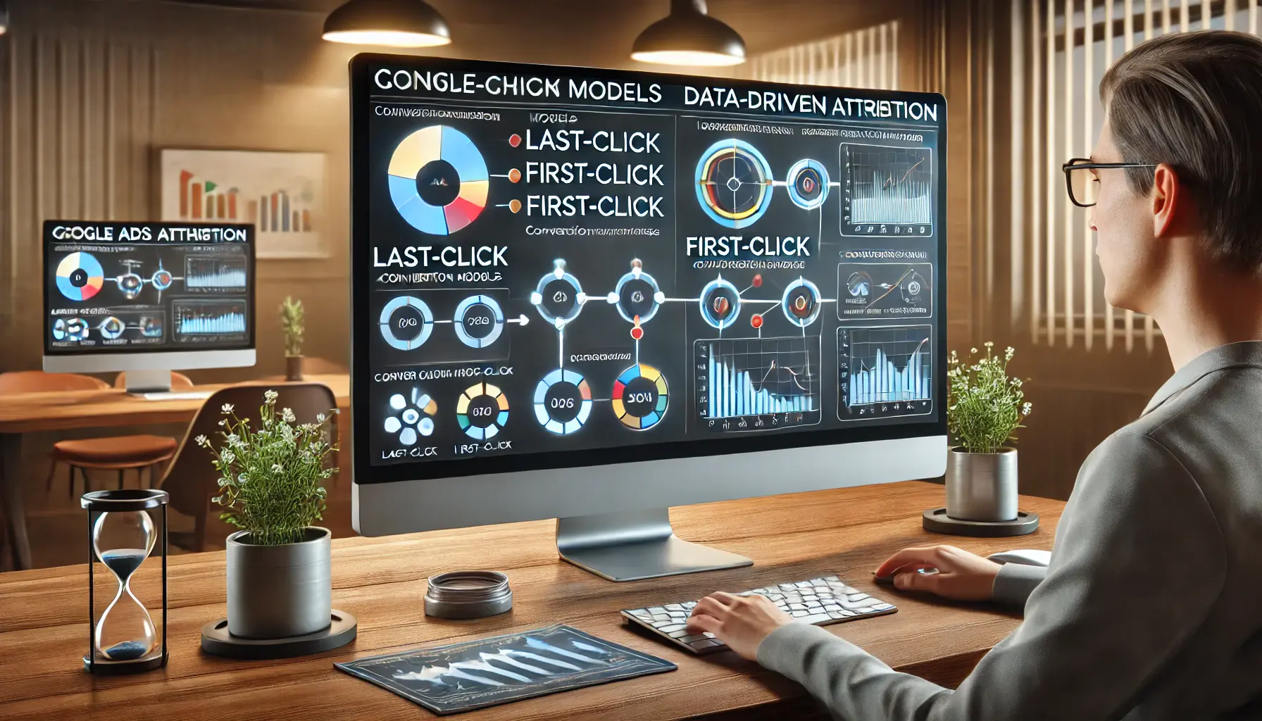 Digital marketing analyst comparing multiple attribution models on a Google Ads dashboard with conversion paths and credit allocation.