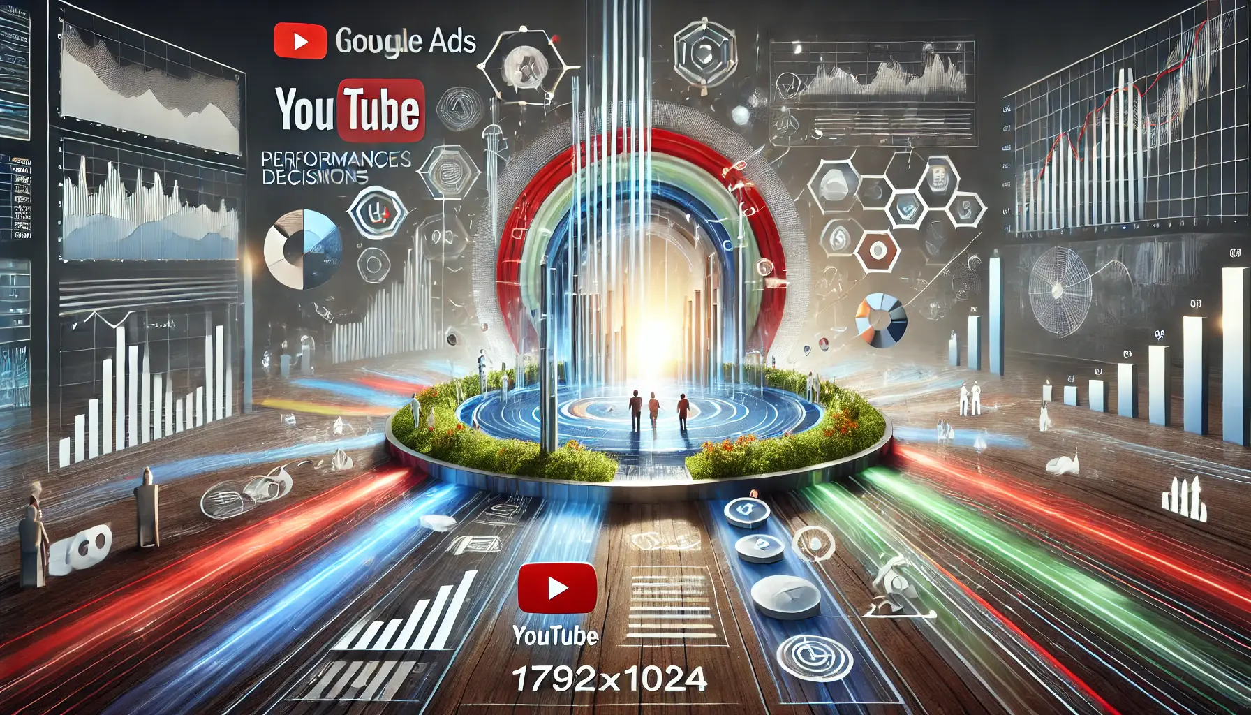 An illustration of data-driven decisions in ad campaigns, showing abstract visuals of data analysis, performance metrics, and audience insights with YouTube and Google color accents.