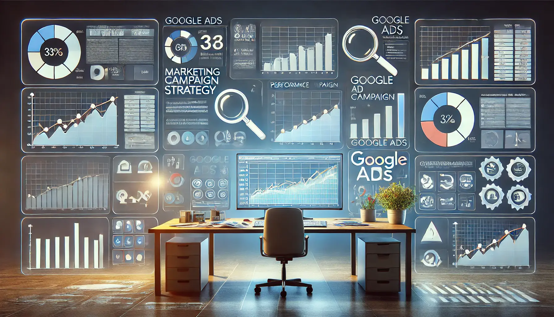 A digital illustration of a workspace with screens showing Google Ads campaign data, including charts, metrics, and graphs, symbolizing how data influences campaign strategy.