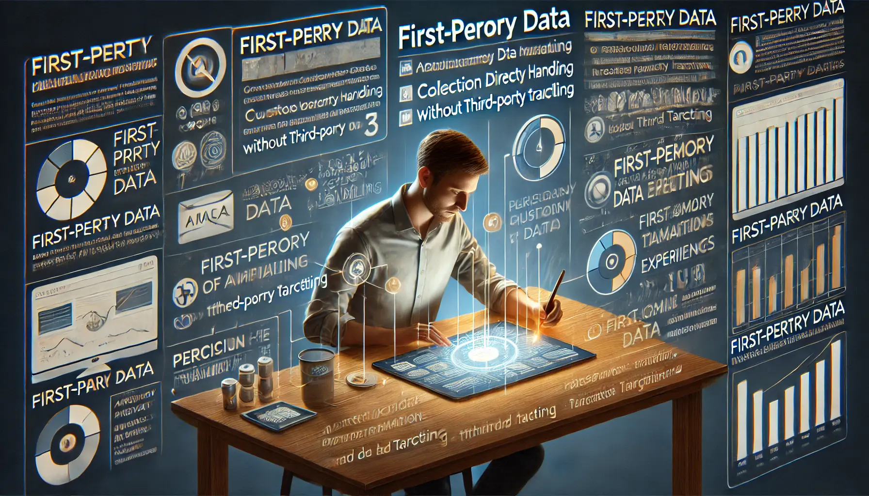 A marketer analyzing customer data to create personalized ad experiences using first-party data from a website or app.