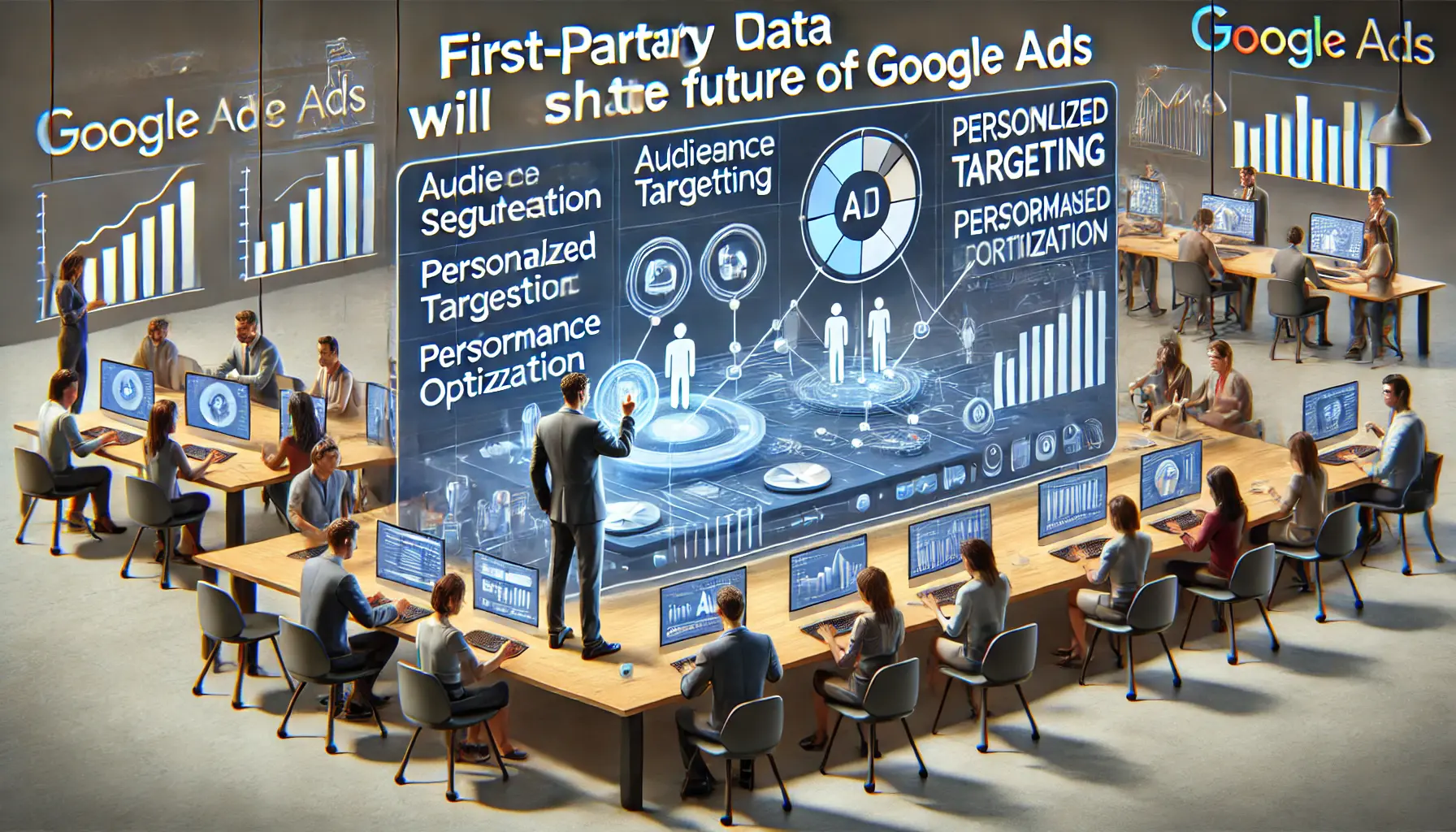 A digital marketer using first-party data insights to create personalized ad campaigns on the Google Ads platform, optimizing audience segmentation and targeting.