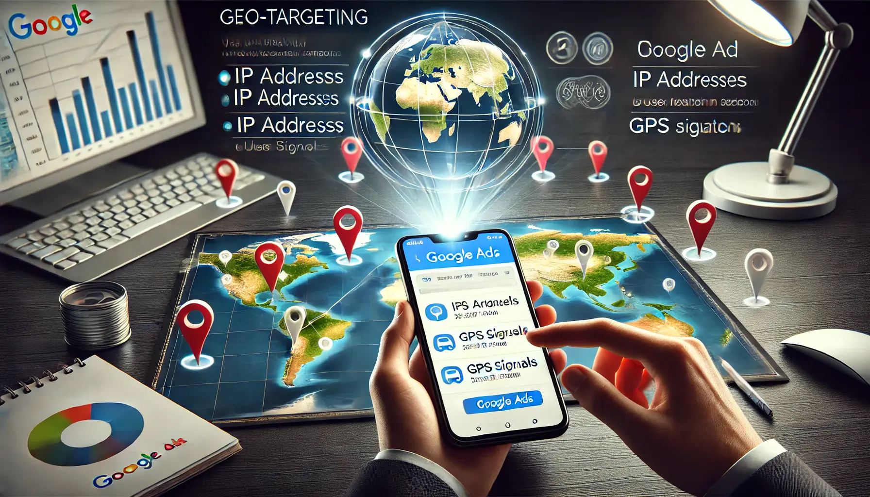 A digital map with highlighted regions, GPS signals, and a smartphone showing ads, representing geo-targeting in Google Ads