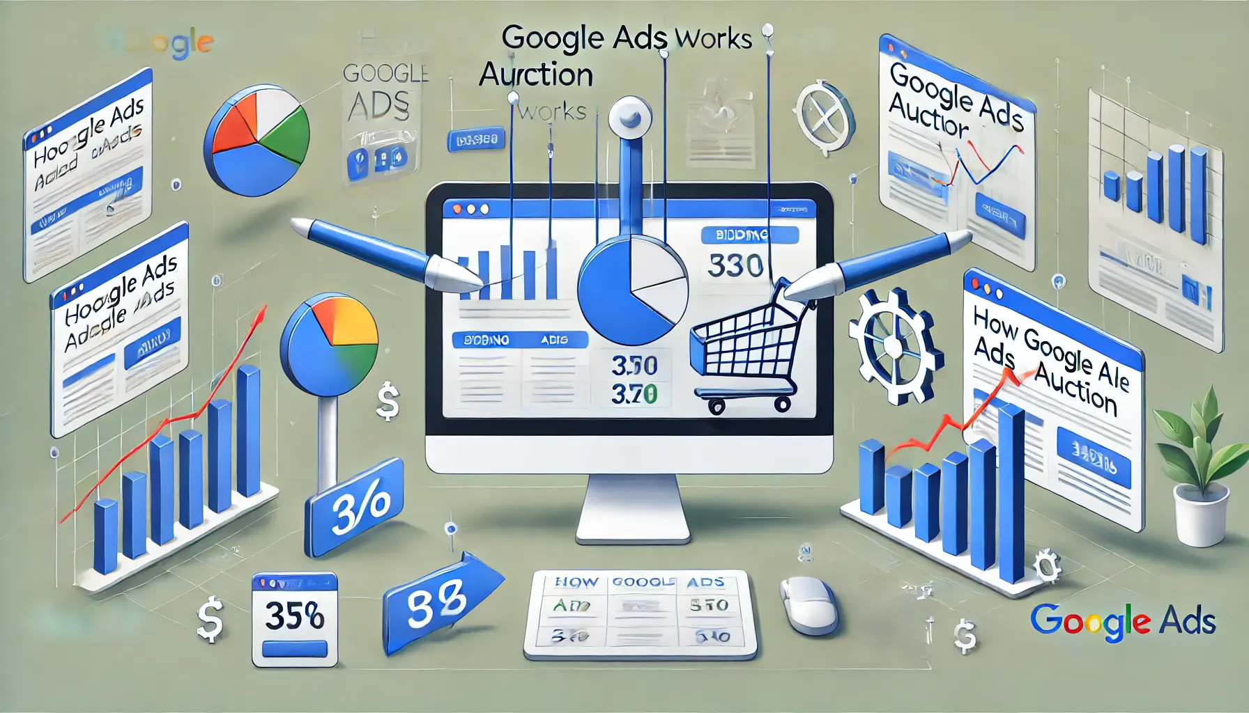 Visual representation of the Google Ads auction process, showing digital auction elements like bidding paddles, arrows representing bids, and a computer screen with ad rankings and graphs.