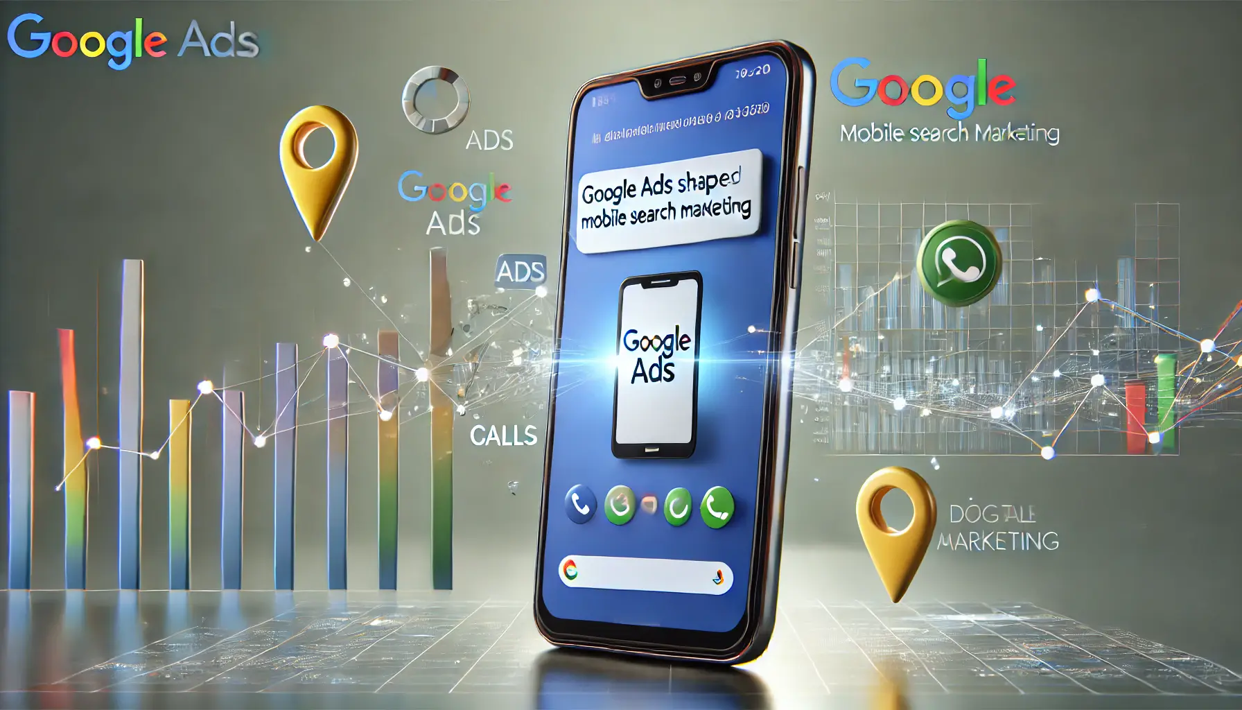 A smartphone displaying an advertisement with icons for ads, calls, and location pins emerging, representing Google Ads shaping mobile search marketing