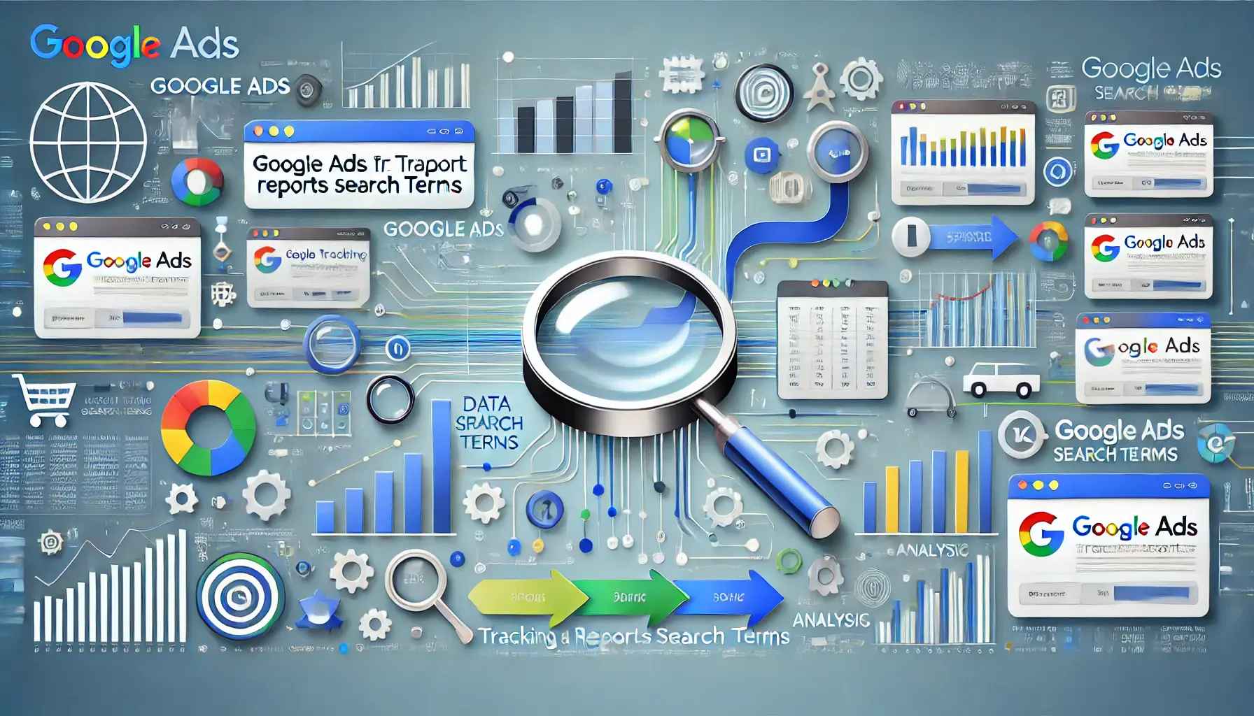 Visual representation of Google Ads tracking and reporting search terms with icons for data flow, charts, and magnifying glasses