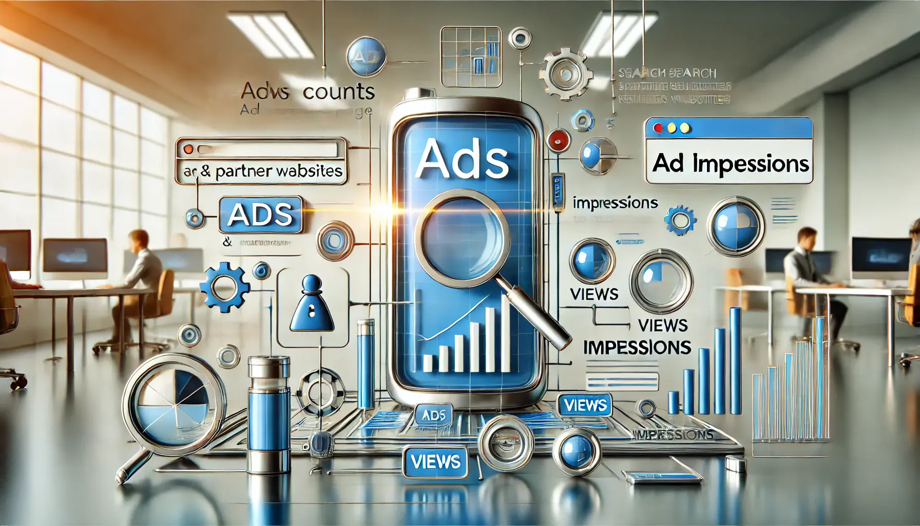 Visualization of how Google counts ad impressions, featuring digital counters and abstract elements representing ad views and tracking.