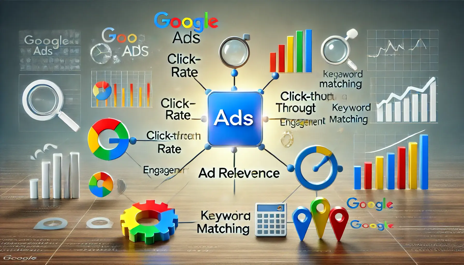 Image illustrating Google's metrics for measuring ad relevance, featuring icons for click-through rate, engagement, and keyword matching.