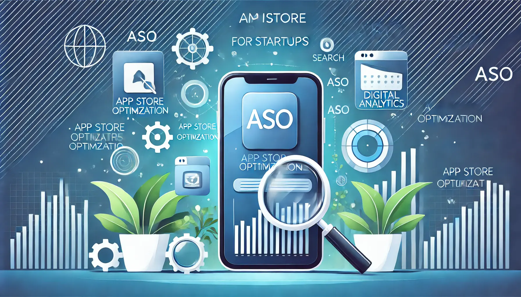 Illustration depicting the importance of ASO for startups with elements like app store, search magnifying glass, and digital analytics graphs.