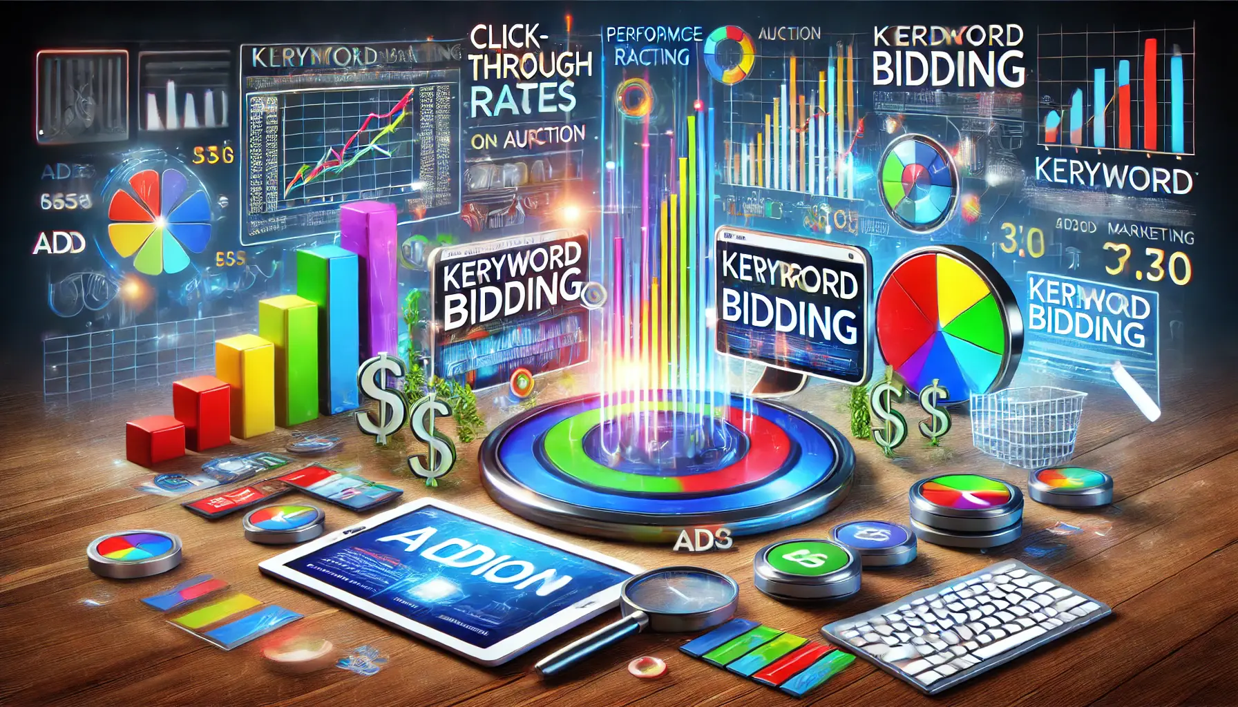 An informative digital marketing illustration depicting the impact of keyword bidding on ad performance, featuring performance metrics and ad auction elements.