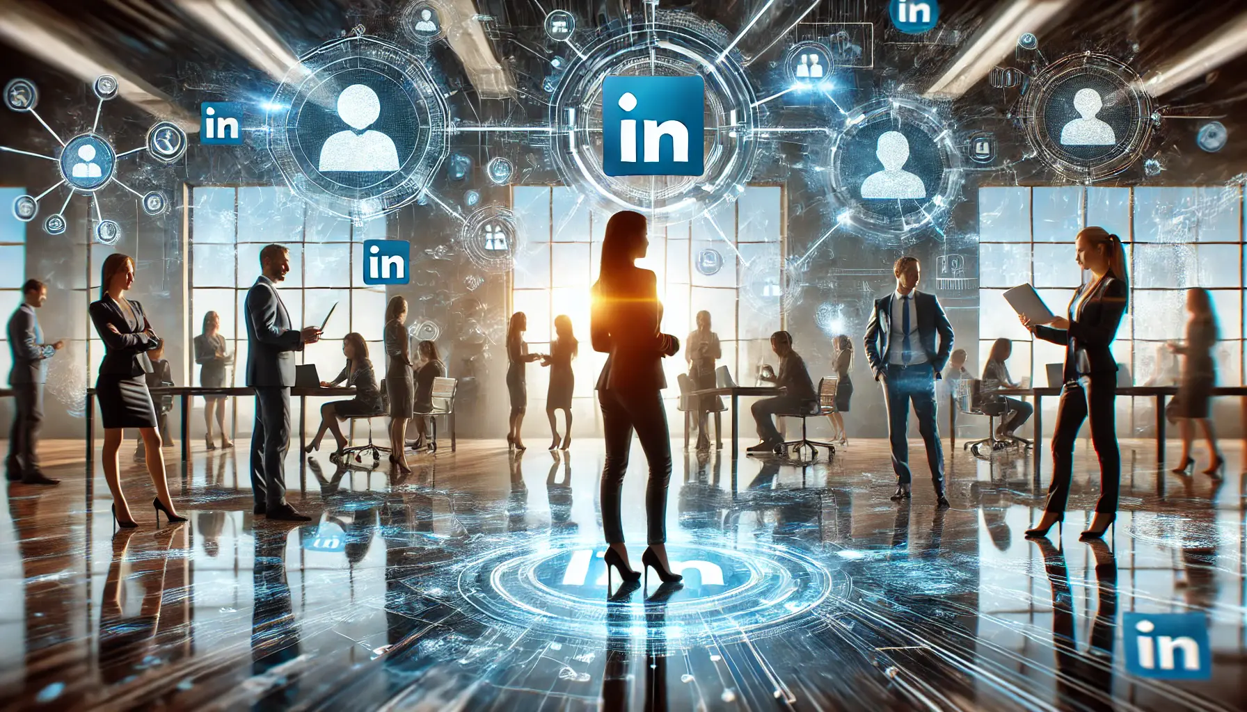 Professionals collaborating in a modern, digital office environment, symbolizing LinkedIn's unique environment for community growth.