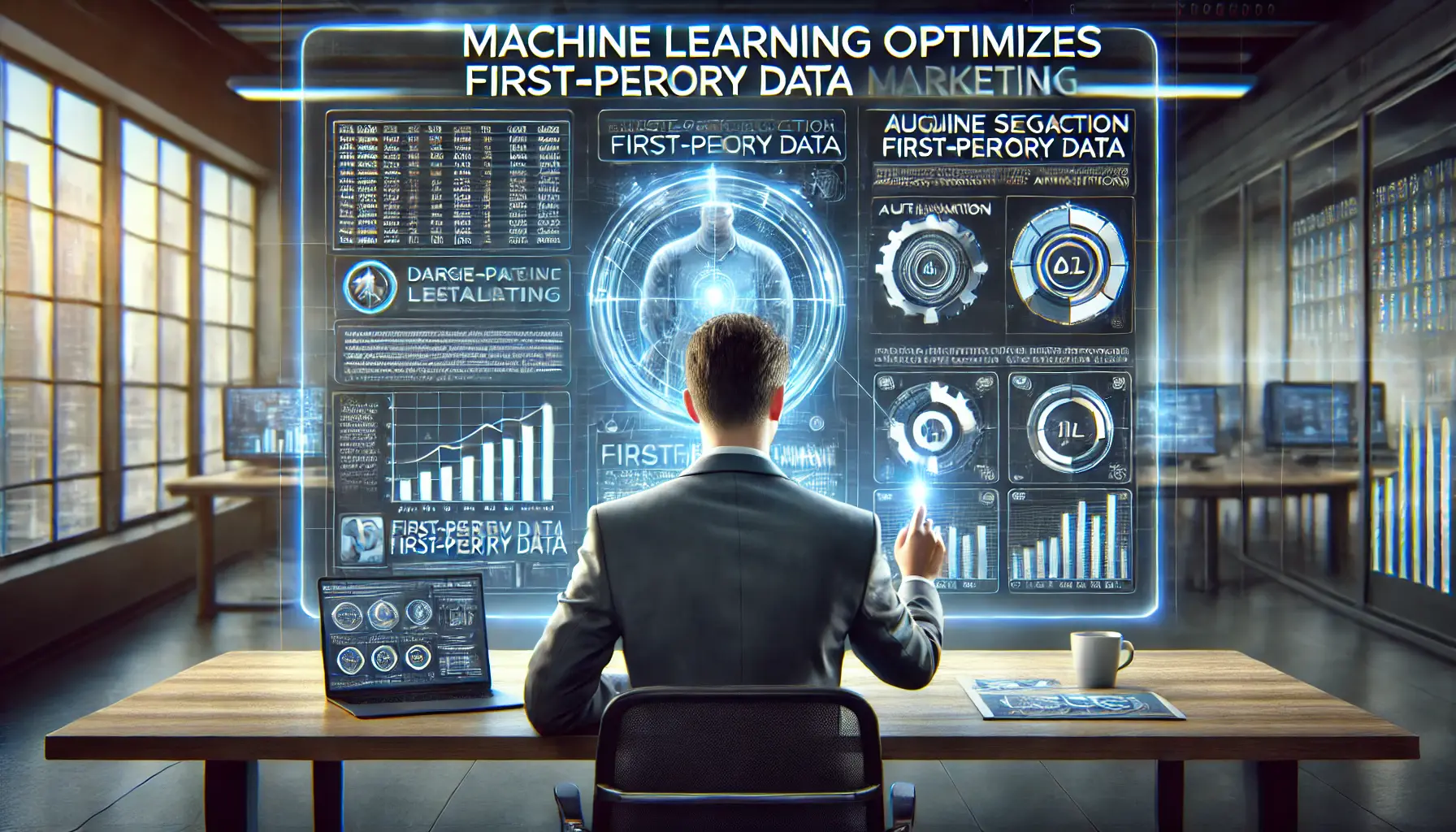 A marketer analyzing a dashboard where machine learning algorithms process first-party data for audience segmentation and predictive analytics.