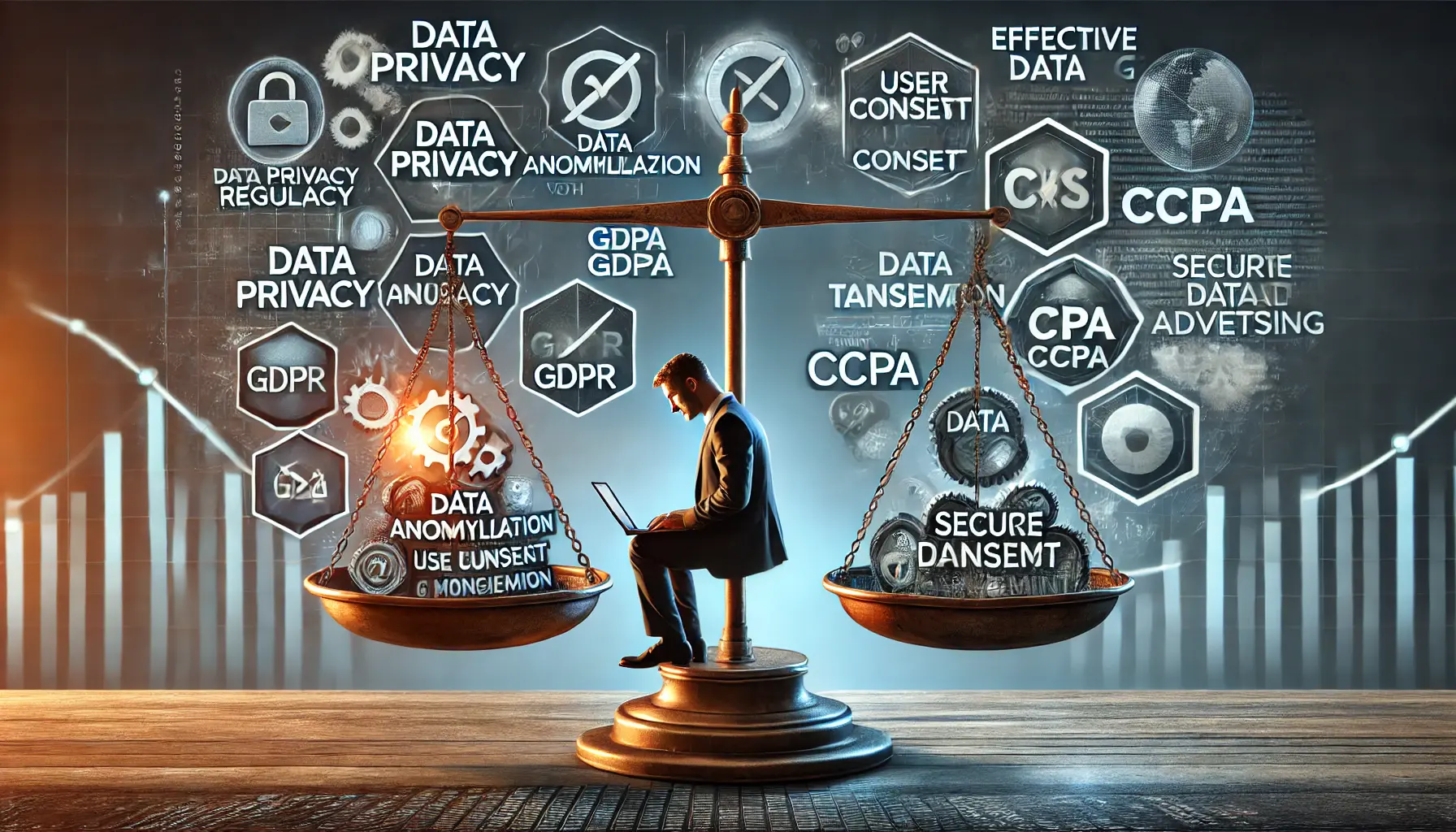 A marketer adjusting ad campaign settings with privacy compliance tools, focusing on data anonymization and user consent in compliance with laws like GDPR and CCPA.