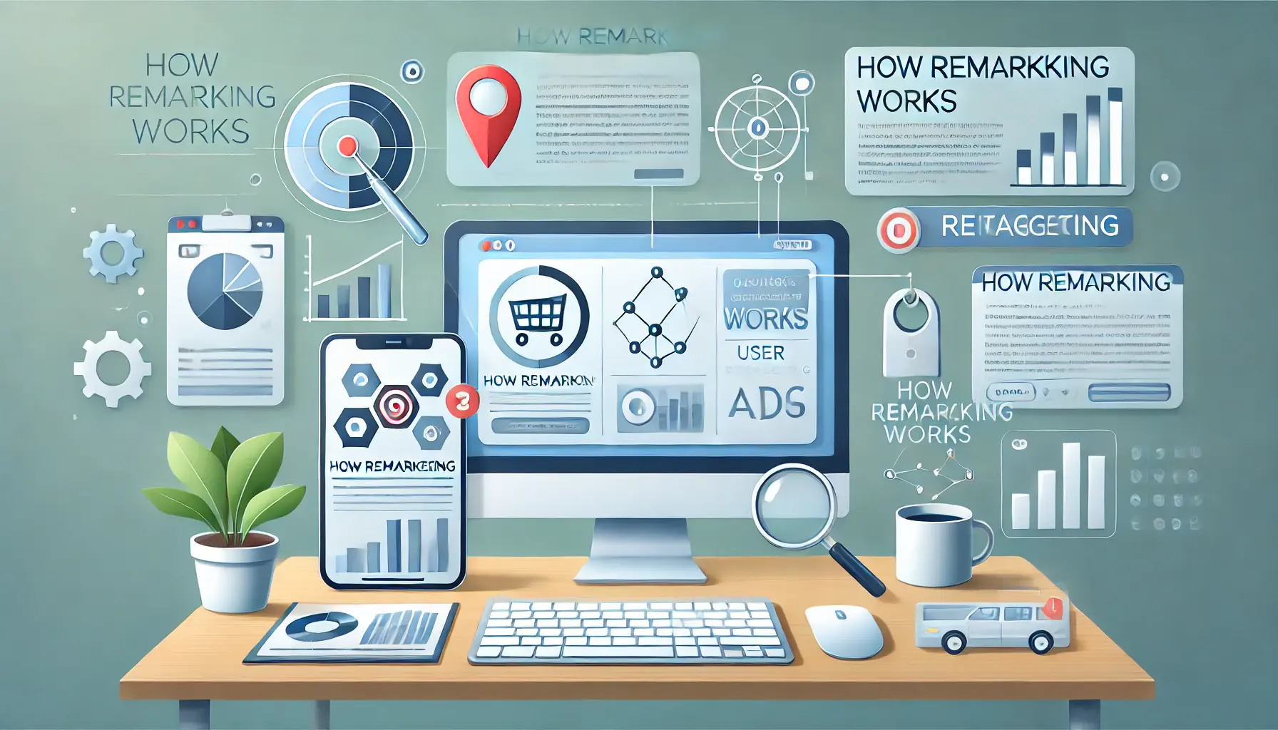 Digital marketing scene depicting a computer screen with retargeted ads, analytics data, and user behavior tracking icons illustrating the remarketing process.