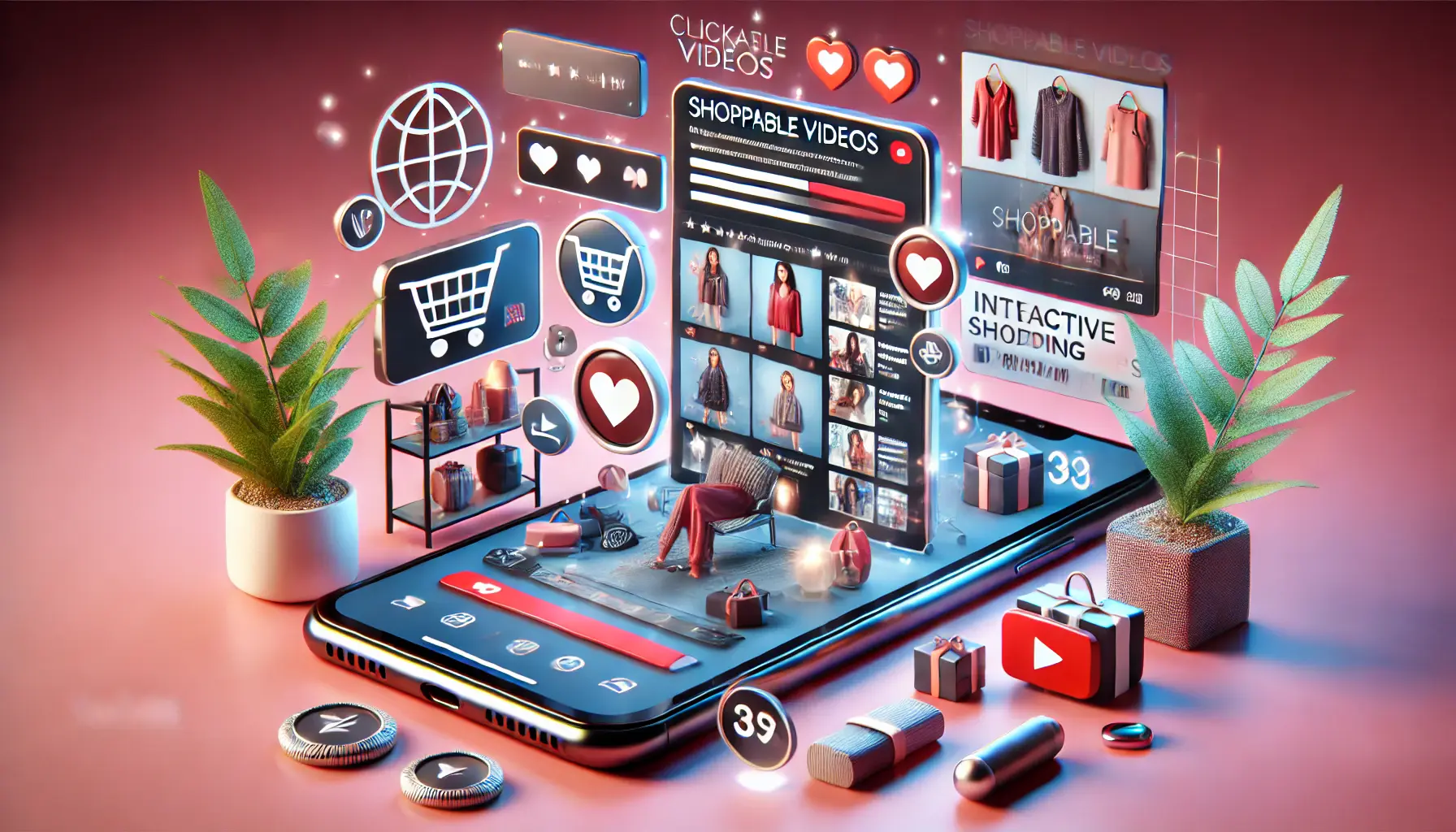 Smartphone showing a shoppable video with interactive product tags and engagement icons like hearts and comments