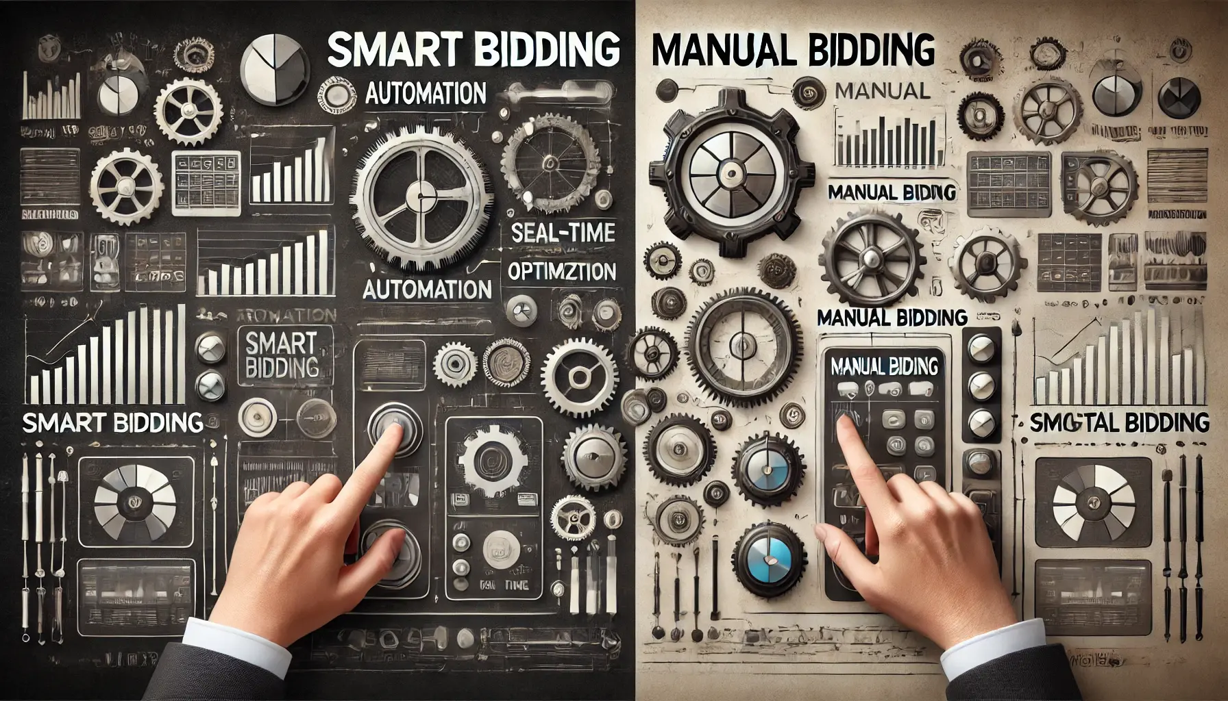 A visual contrast between Smart Bidding automation and manual bidding with data flow and optimization on one side and manual controls and hands adjusting dials on the other.