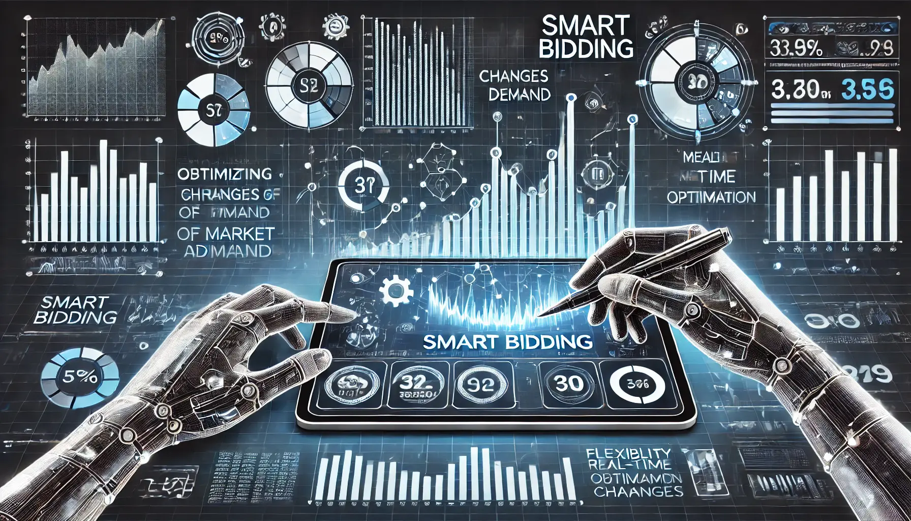 A visual representation of fluctuating data lines, market indicators, and automated adjustments symbolizing Smart Bidding's response to changes in market demand.