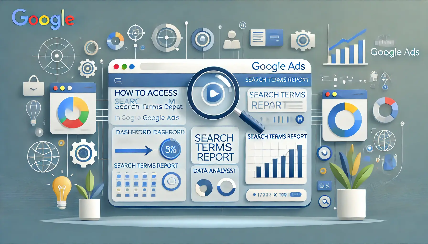 Visual representation of accessing search terms data in Google Ads with icons for dashboard and data analysis