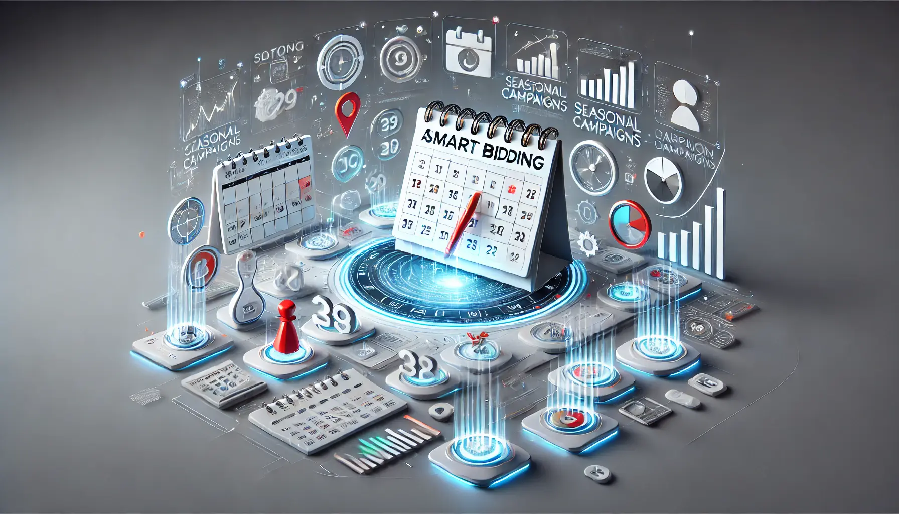 A visual representation of a calendar with seasonal icons and dynamic data flows symbolizing campaign adjustments for specific time periods in digital advertising.