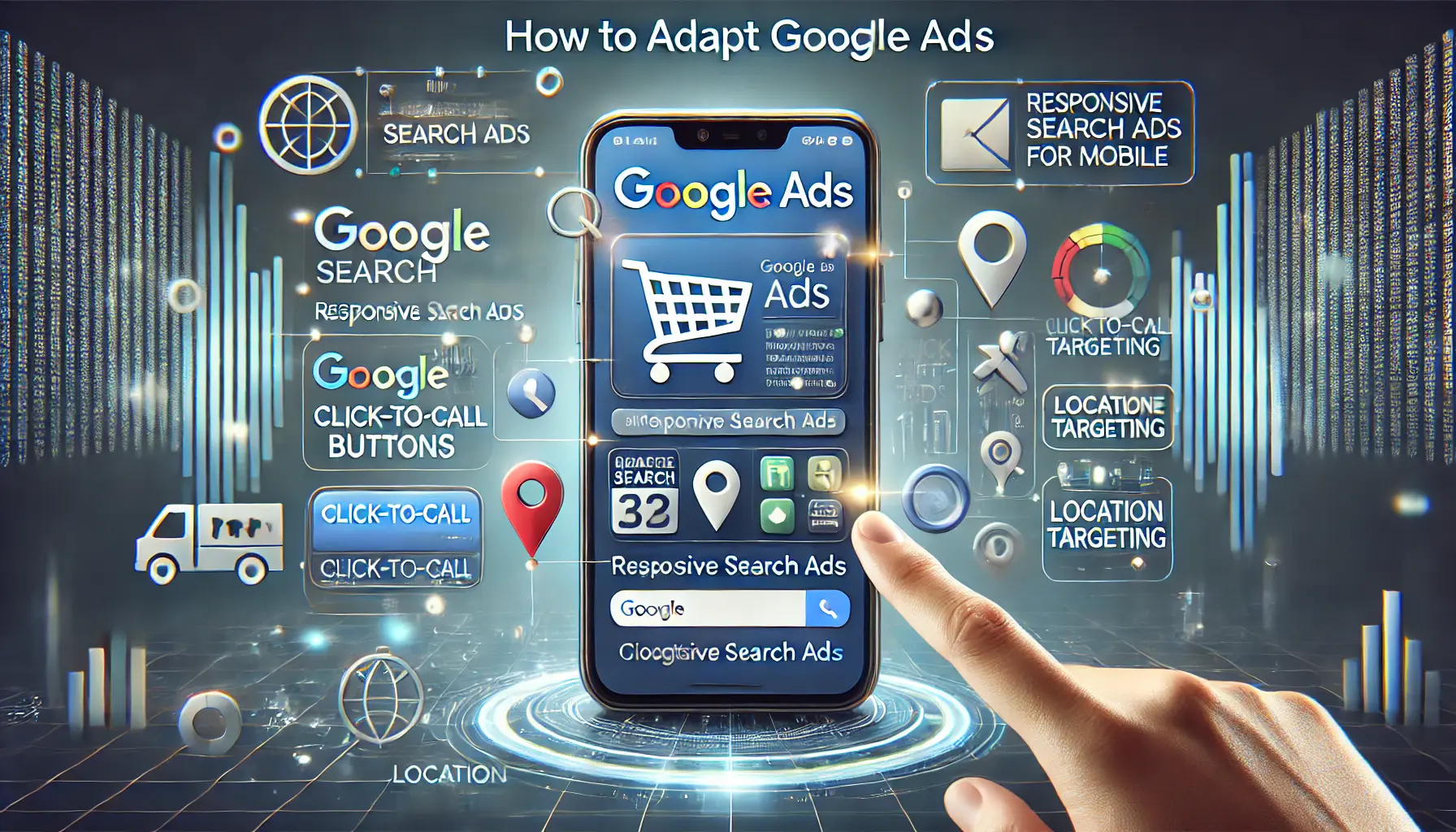 A smartphone displaying mobile-specific ad elements like responsive search ads, click-to-call buttons, and location targeting icons, representing adaptation of Google Ads for mobile users