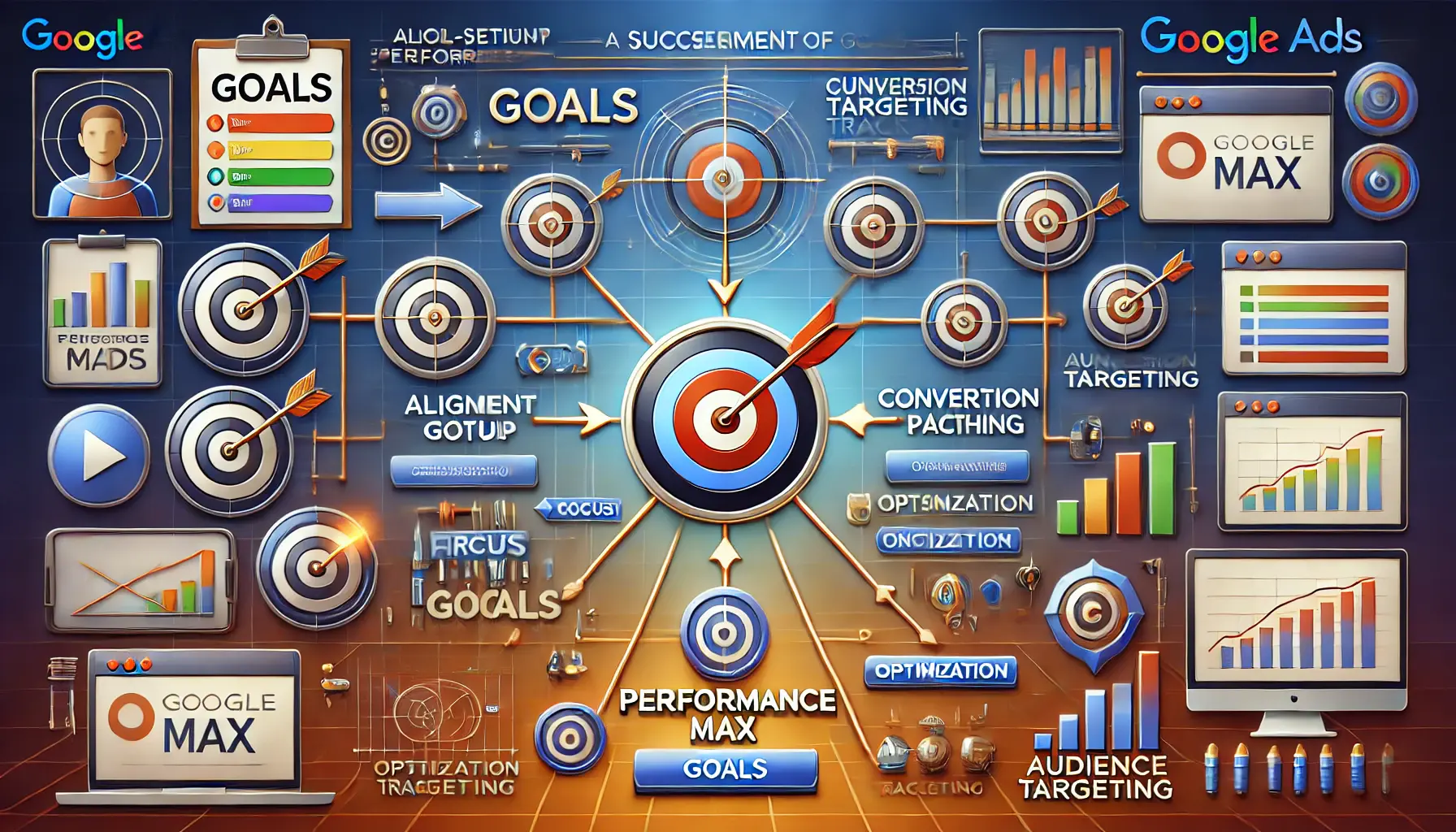 An image showing target icons, arrows, and optimization charts representing the alignment and setup of goals for a successful Performance Max campaign.