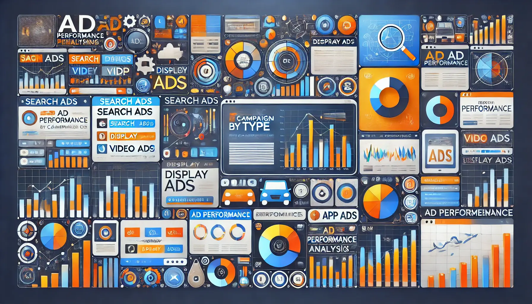 A visual representation of analyzing ad performance by different campaign types, showcasing various ad formats and analytics.