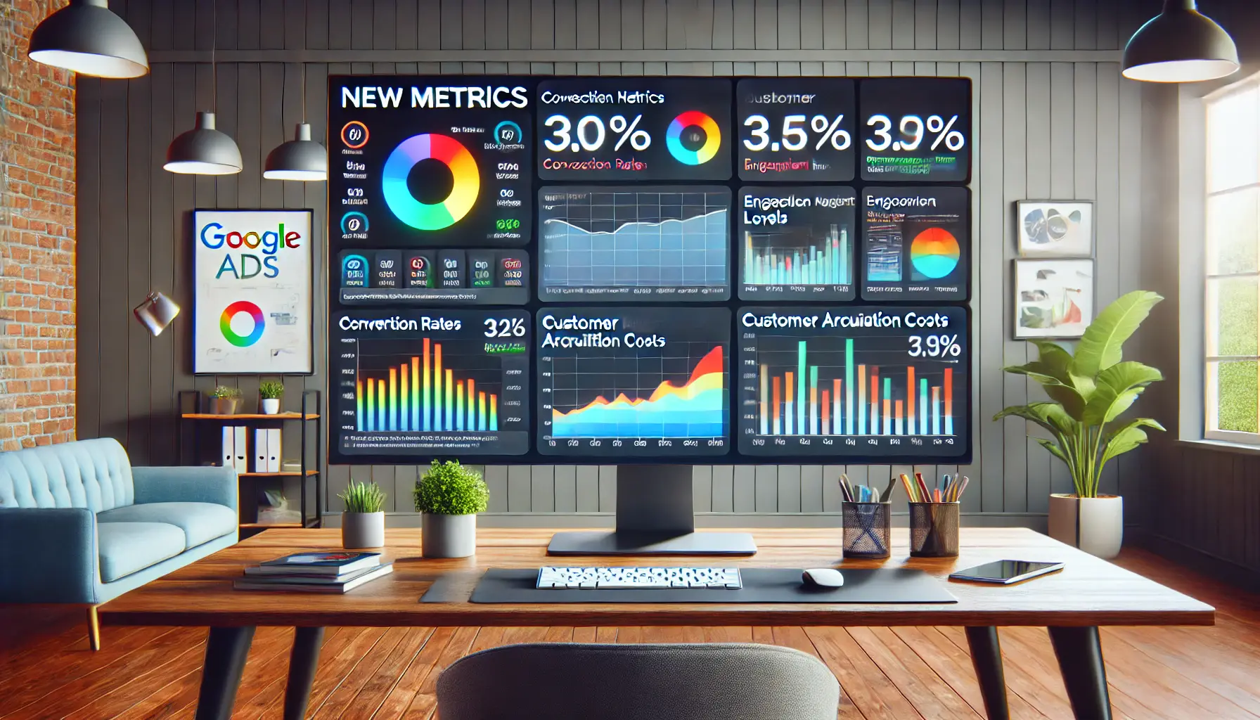 A close-up view of a digital marketing dashboard showing Google Ads performance metrics, including charts and graphs representing conversion rates and customer acquisition costs.