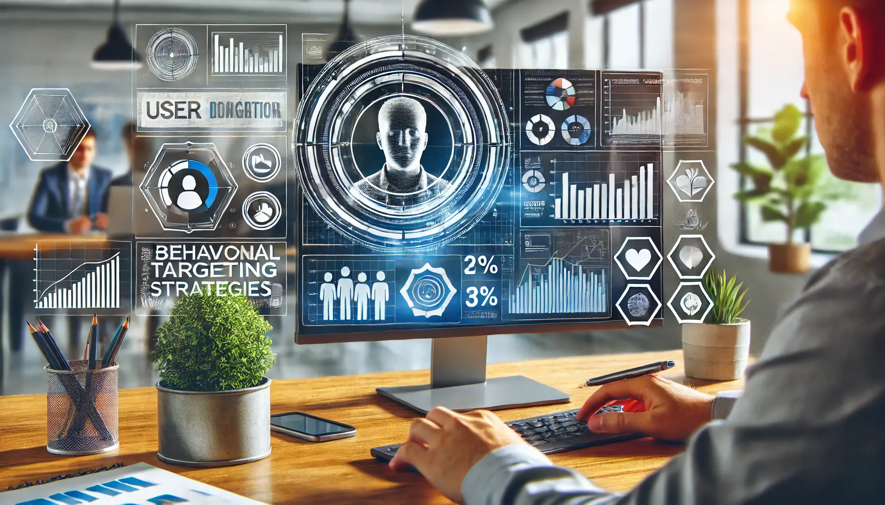 Digital marketer analyzing user behavior data on a computer screen with graphs and analytics in a modern office.