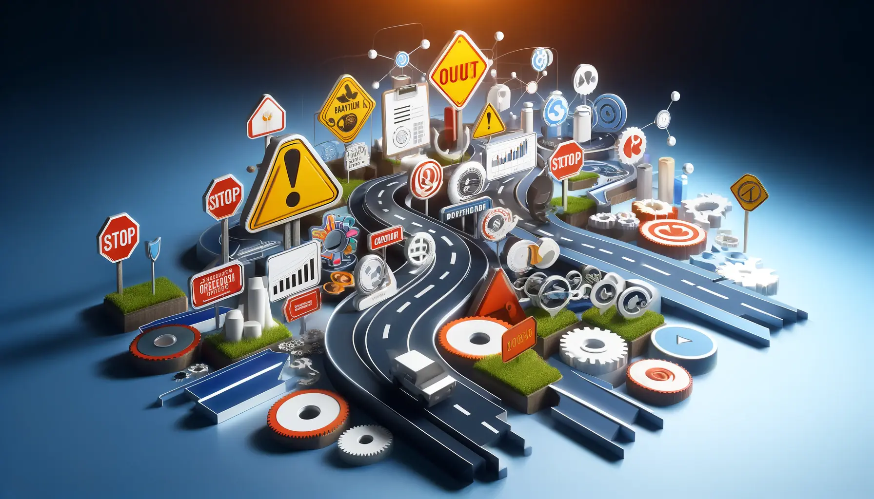 A visual representation of warning signs, detour paths, and optimization strategies symbolizing the avoidance of mistakes in digital advertising.