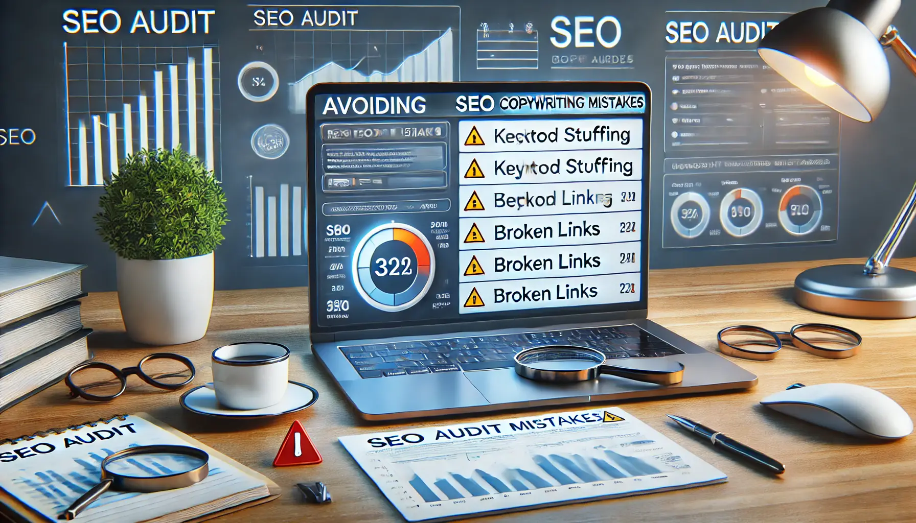 A digital workspace showing an SEO audit tool highlighting common mistakes like keyword stuffing and broken links, with charts displaying negative SEO trends.