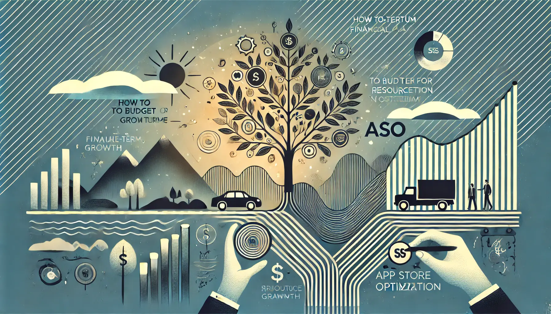 Abstract image symbolizing long-term financial planning for ASO with visuals of a roadmap, structured layers, and a tree growing over time.