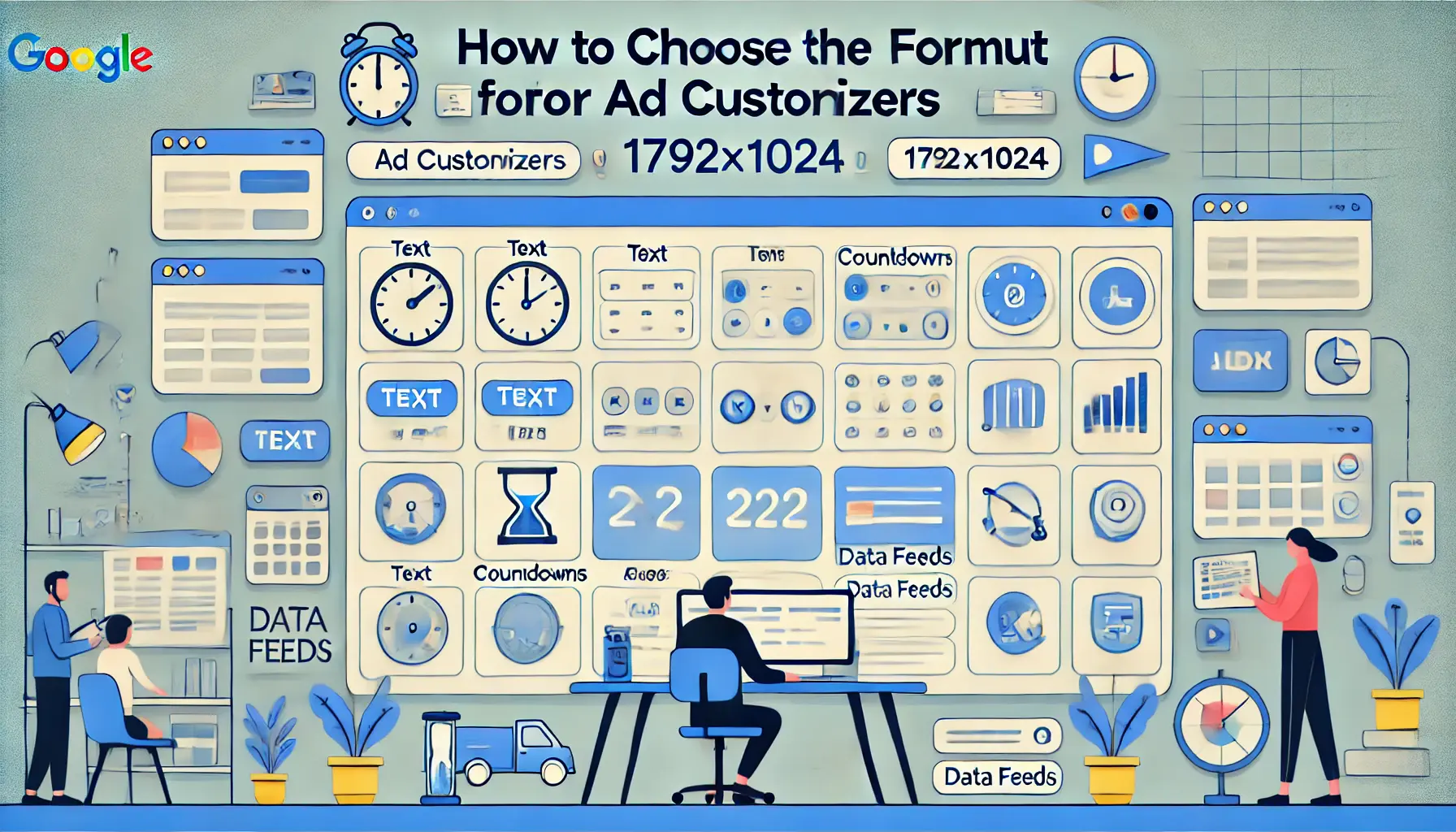 A digital workspace displaying icons for different ad customizer formats like text, countdowns, and data feeds, symbolizing the selection process for ad customizers in Google Ads.