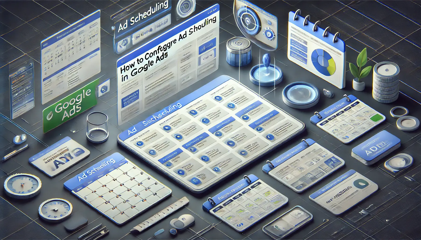 A digital marketing dashboard showing ad scheduling options, time slots, and calendars for configuring Google Ads campaigns.