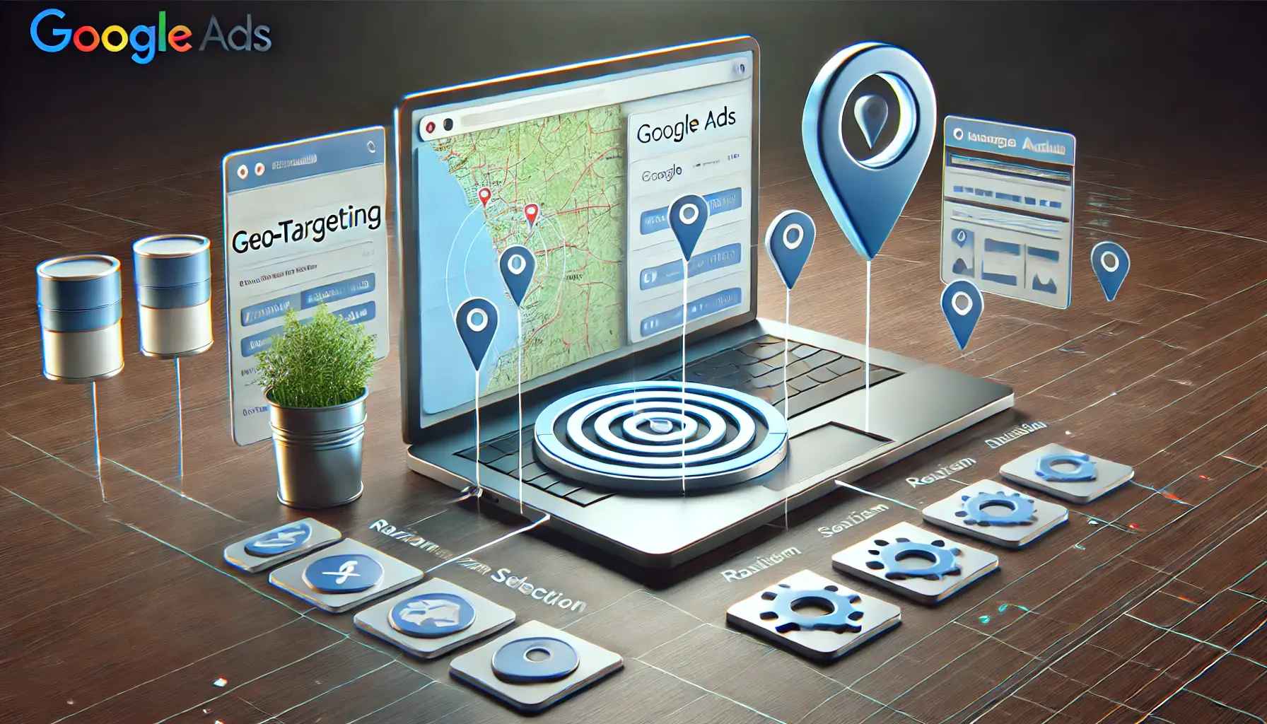 A digital interface showing a map with location settings and a step-by-step process for configuring geo-targeting in Google Ads