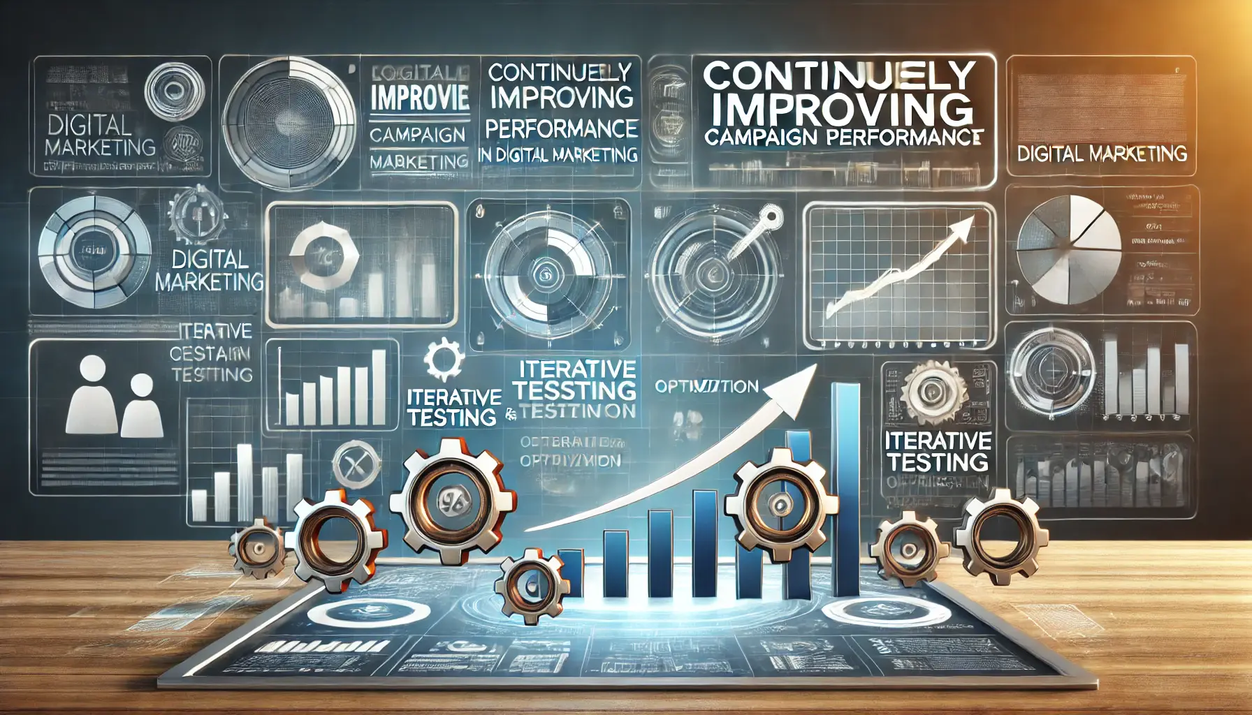 An illustrative image depicting continuously improving campaign performance in digital marketing, featuring a dashboard and upward trend graphs.