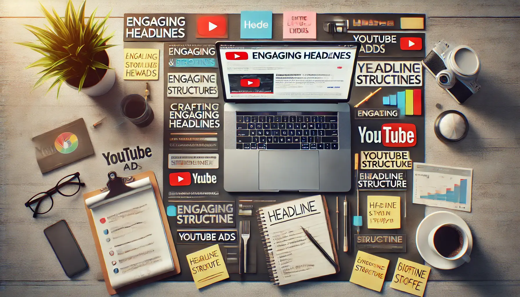 A creative workspace with a laptop displaying a headline draft for YouTube ads, surrounded by sticky notes and brainstorming materials.