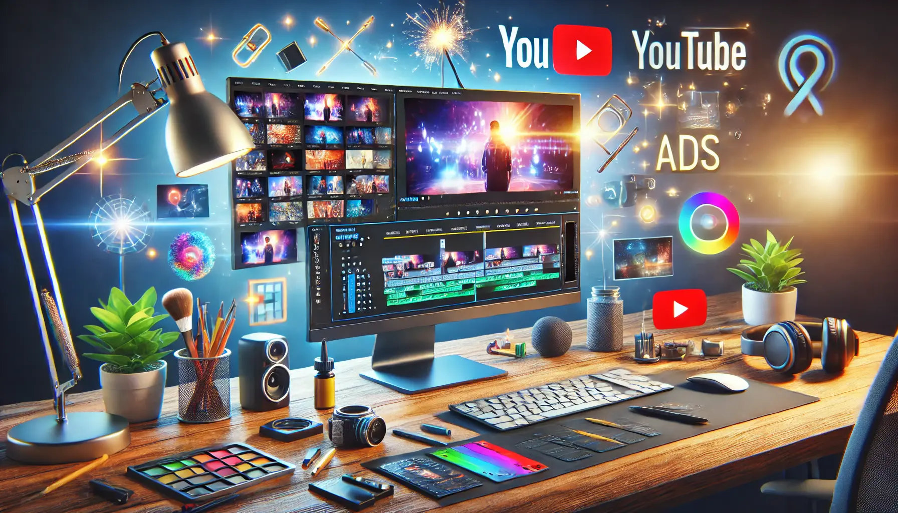 Computer screen displaying video editing software for crafting engaging YouTube ads in a professional workspace.