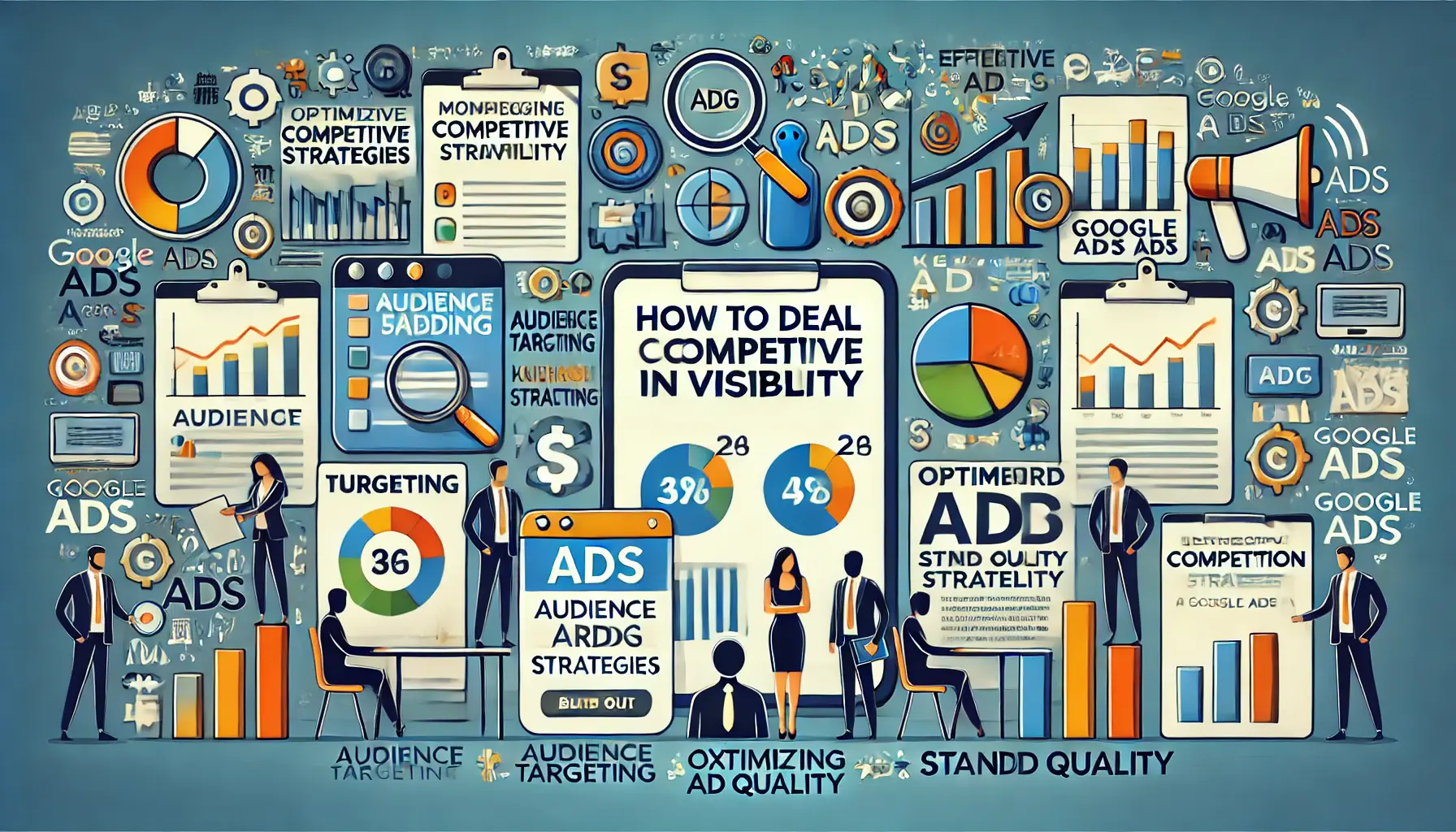 A strategic digital marketing illustration depicting how to deal with competitive bidding, featuring competitors' ads and bidding strategy charts.