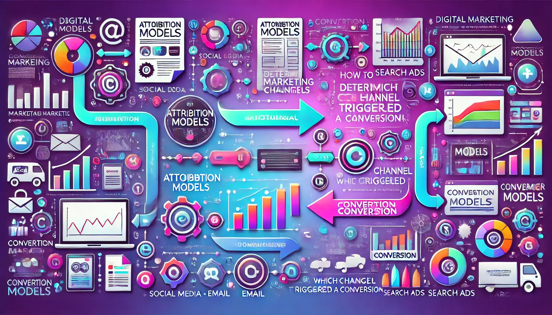 A visual representation of attribution models in digital marketing, illustrating different channels and the conversion process.