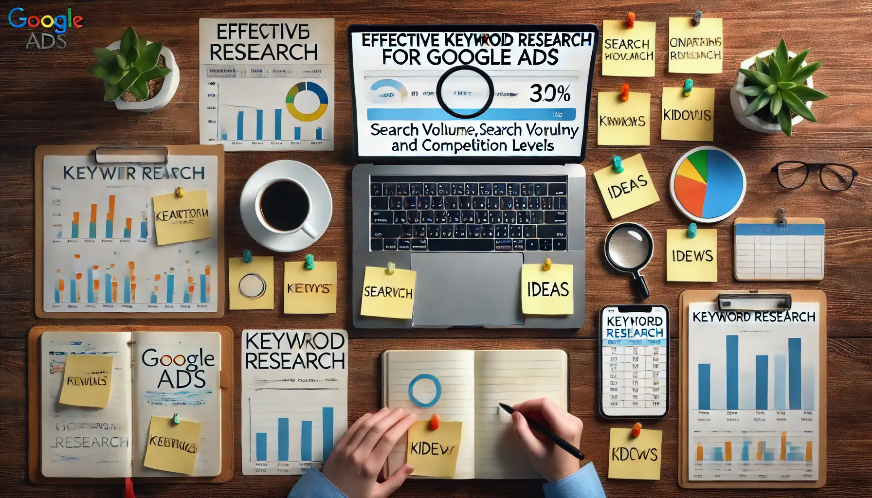 A visual representation of effective keyword research for Google Ads, featuring a workspace with a laptop and charts.