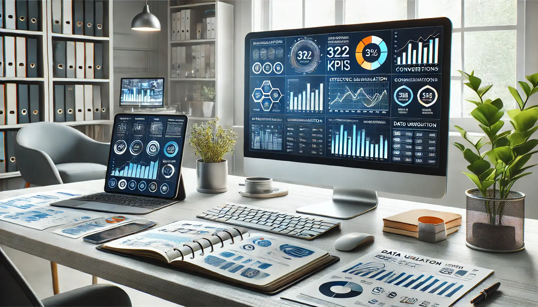 Professional workspace with analytics dashboard and additional devices displaying data visualizations for analysis.