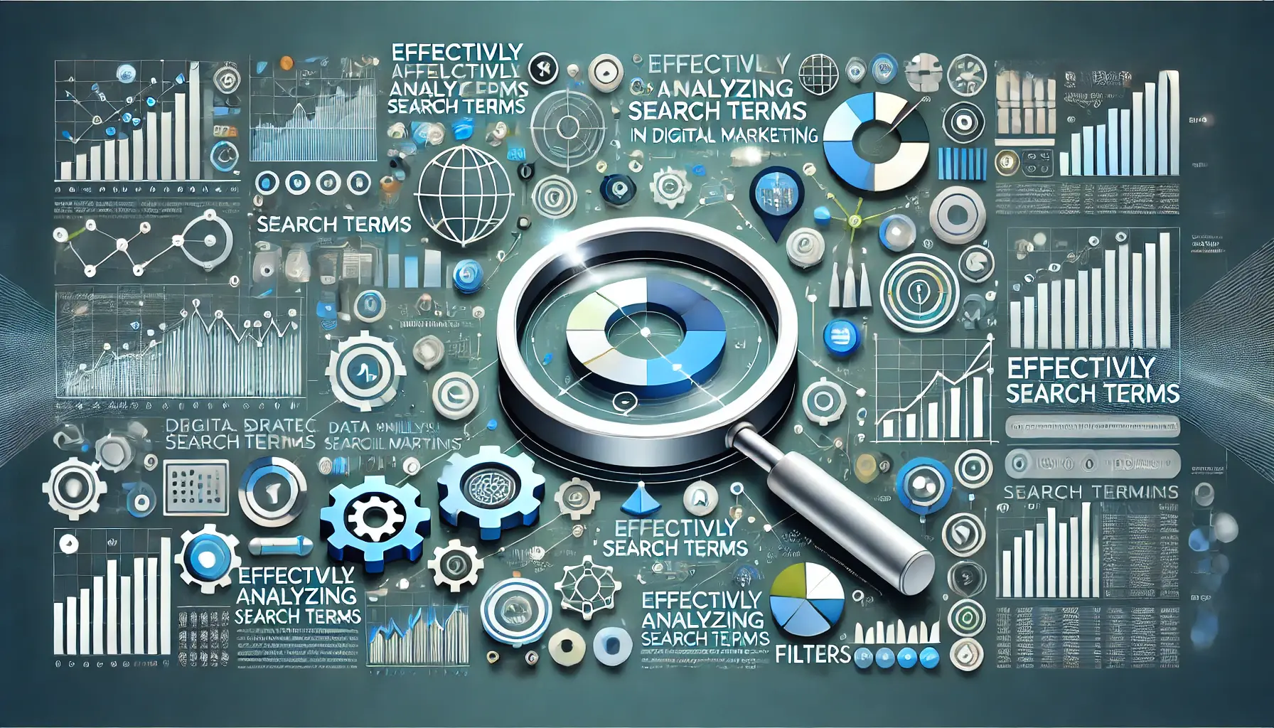 Visual representation of effectively analyzing search terms with icons for charts, graphs, and analytical tools